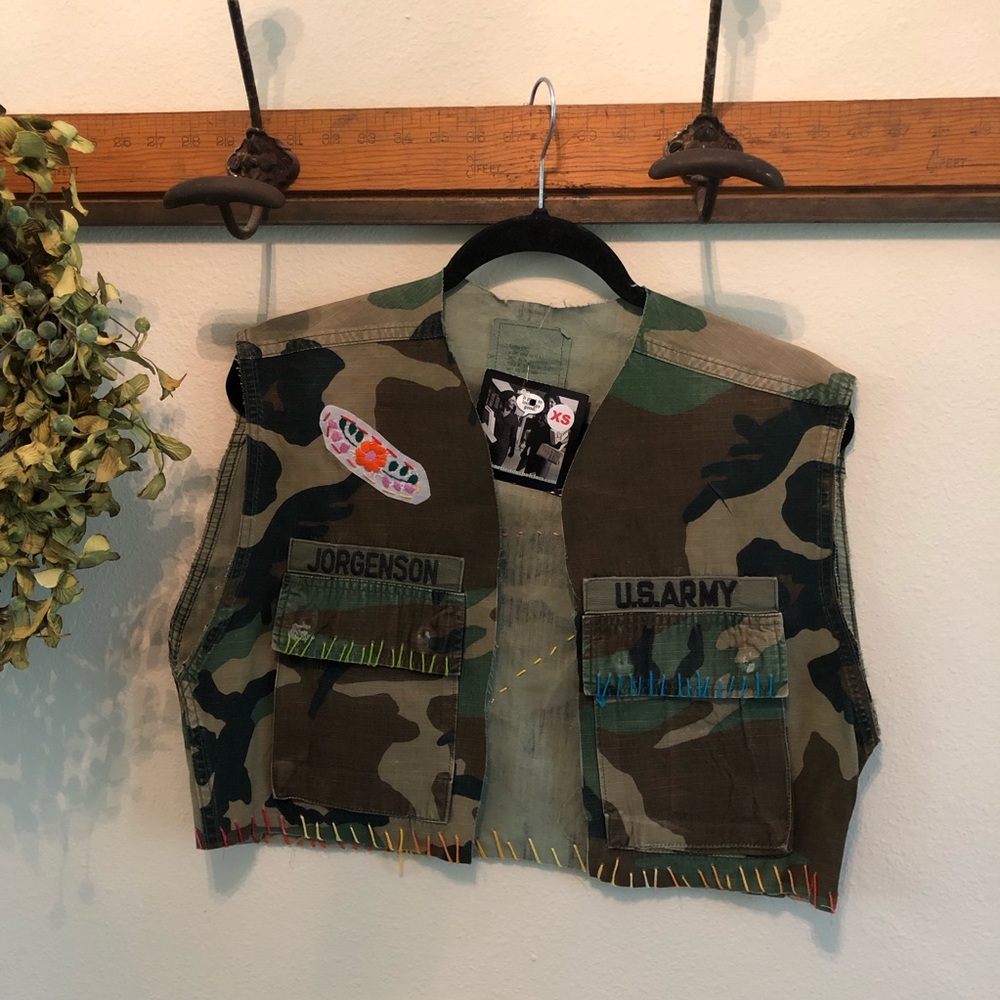 Authentic Upcycled Army Shirt Vest Small Boho Chic